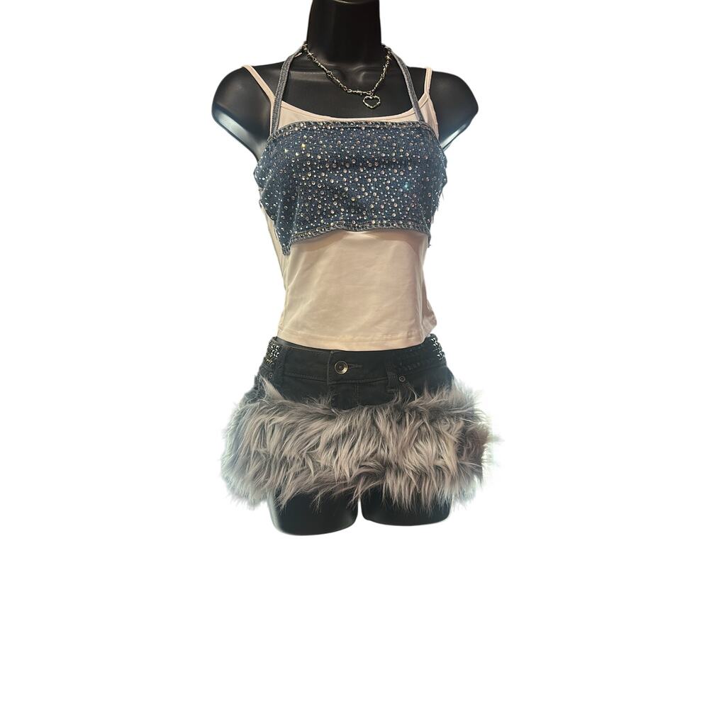 Upcycled Studded Denim Micro Mini Y2K Belt Skirt S